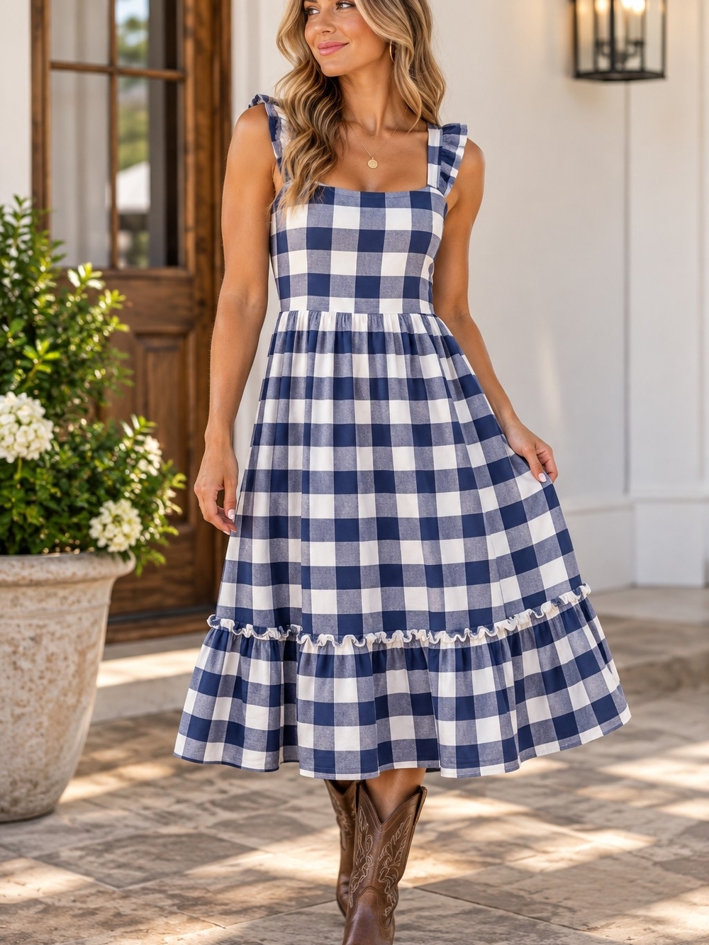 Blueberi Boulevard Navy & White Gingham Ruffle-Strap Midi Dress
